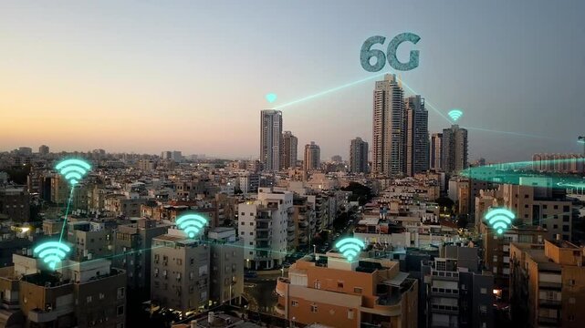 Telecommunications tower distributes internet concept. The concept of data transmission from a telecommunications tower. Visualization of mobile data transmission from telecommunications tower