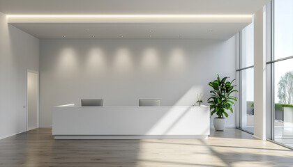 white reception desk in modern office with light colorful walls soft light for healthcare medical card design