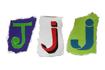 J alphabet torn from a magazine paper. Ransom note style letters.