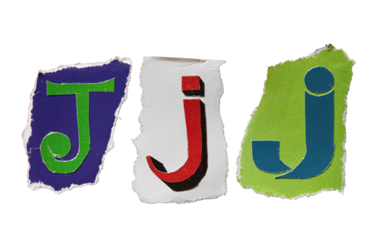 J alphabet torn from a magazine paper. Ransom note style letters.