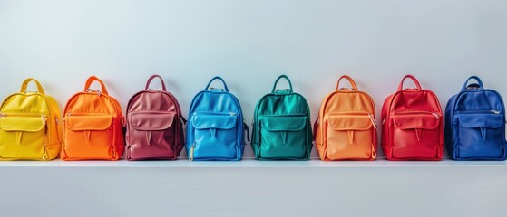 Row of colorful backpacks on shelf. Back to school.

