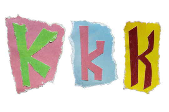 K alphabet torn from a magazine paper. Ransom note style letters.
