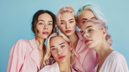 Fototapeta premium Young beautiful women in light pink clothes posing on a blue background. Stylish girlfriends spend time together indoors. Beauty and fashion concept.
