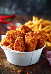  bucket of fried chicken with some french fries in the background, food photography, food styling, cinematic light, studio shot