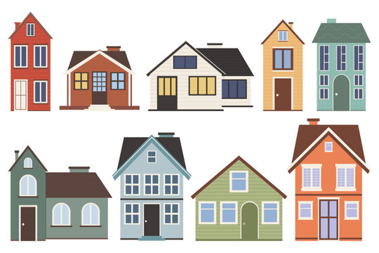Set of cute vector houses of different colors in a cartoon style