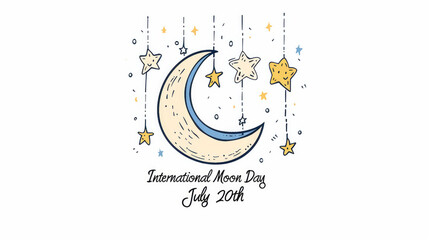  "International Moon Day July 20th", with the moon and stars hanging on an elegant swing, a simple line drawing 