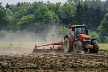 Fototapeta premium Tractor plowing field with dust rising, organic farming concept.