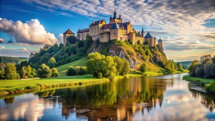 Obraz premium Exquisite ancient castle on high riverbank, castle, ancient, medieval, architecture, historic, landmark, river, water