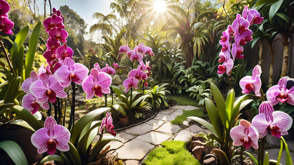 Garden with orchid on sunny day, Generative AI