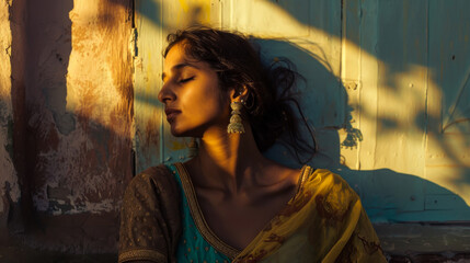 Fototapeta premium Close-up of a young Indian woman posing against the background of a bright wall in the rays of the sunset. Beautiful woman enjoying the sun outdoors.