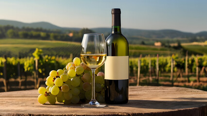 glass and bottle of white wine and bunch of grapes on blurred background of vineyard. Agriculture...