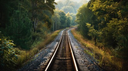 Fototapeta premium Two Tracks in Forest: Railway Perspective Curving Through Green Background