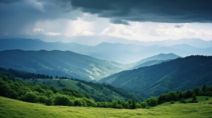 Fototapeta premium glade covered with grass on the background of a mountain massif and forest in the summer season. Trips in the mountains. clean air Concept clean environment.