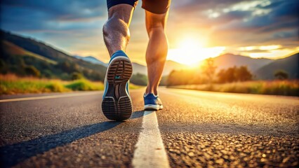 Close up of runner's feet on road with beautiful background views, runner, feet, running, road, shoe, close up, background