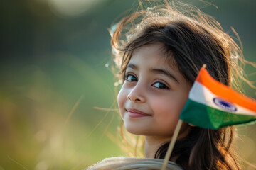 A smiling little Indian girl, holding Indian tricolour flag in hand in the outdoor, celebrating Independence Day