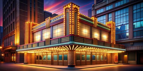 Art Deco cinema marquee glowing under neon lights in a bustling cityscape setting, Art Deco, cinema, neon lights