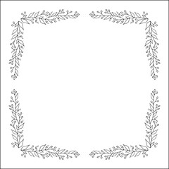Elegant black and white vegetal ornamental frame with berries, decorative border, corners for greeting cards, banners, business cards, invitations, menus. Isolated vector illustration.