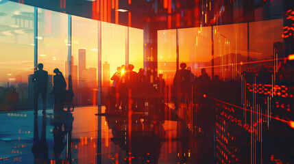 Stock market and trading concept with a digital screen showing financial chart graphs and candlestick patterns, overlaid with a group of people in an office during sunset in a double exposure effect.
