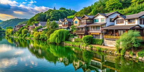 Fototapeta premium Houses along the serene riverbank with lush greenery , river, waterfront, scenic, peaceful, homes, architecture, reflection