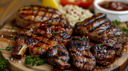 Juicy grilled meat in a plate. A variety of steaks and meats cooked over fire, served on a platter with sauce. Food concept, meat dishes.