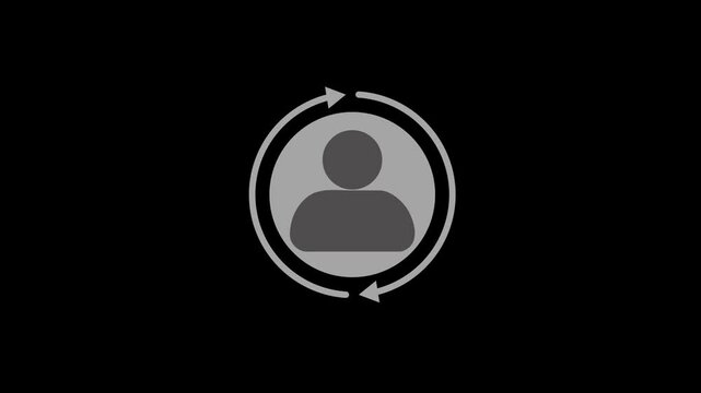 flat illustration in grayscale. user profile. person icon. circle picture icon. social media profiles. two arrows around the profile circle. 2d animated, video clip. 4k size. without background.