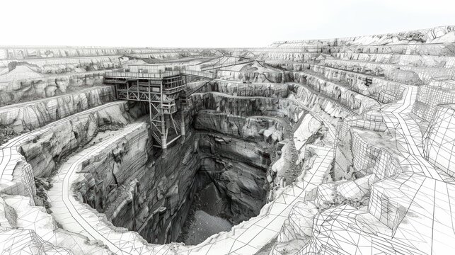 A digital sketch illustrating a massive open-pit mining site with layers of rock, showcasing heavy machinery and industrial equipment.