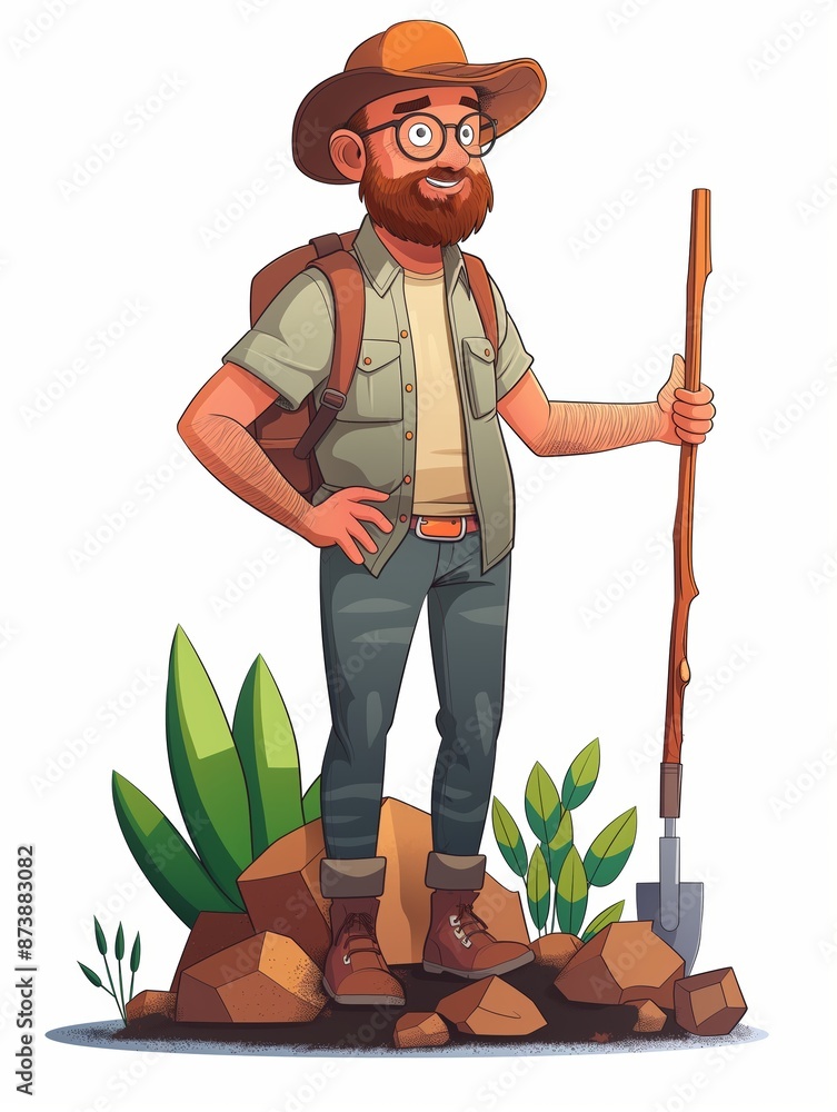 Wall mural archaeologist male, full body character, vector illustration, clip art, exploration, isolated on whi