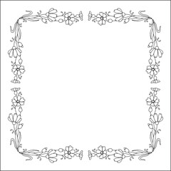 Elegant black and white vegetal ornamental frame with cosmos flowers, decorative border, corners for greeting cards, banners, business cards, invitations, menus. Isolated vector illustration.