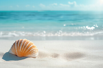Seashell on white sand with blue ocean and a sunny day in the background. Concept of beach and relaxation.