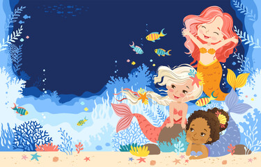 Hand drawn vector illustration of a cute mermaids in the underwater world. Cartoon background for children. Underwater sea life of coral reef