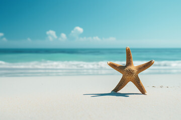 Starfish standing on white sand facing the ocean under a clear blue sky. Concept of beach and summer tranquility.
