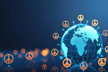 A 3D rendering of a glowing globe surrounded by peace signs, representing global unity and harmony.