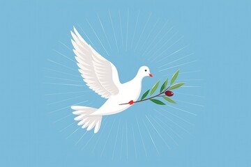 Obraz premium White dove carrying olive branch, a symbol of peace, flying against a blue sky with a sunburst behind it.