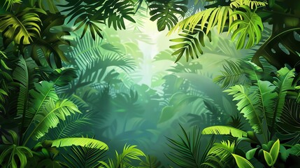 Lush green leaves and towering trees in a dense jungle setting.  