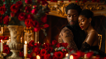 Beautiful dark-skinned couple on a date in a luxury home by the fireplace. A young man and woman spend time together in the evening, hugging, kissing. Concept of love, time together.