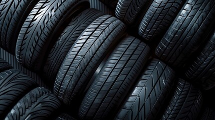 Car tires stacked in a row. Close-up of car tires