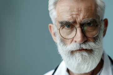 Closeup portrait of a mature male doctor with a white beard and glasses