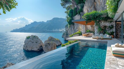 Obraz premium Villa nestled along the breathtaking Amalfi Coast of Italy, with panoramic views of the sparkling Mediterranean Sea.