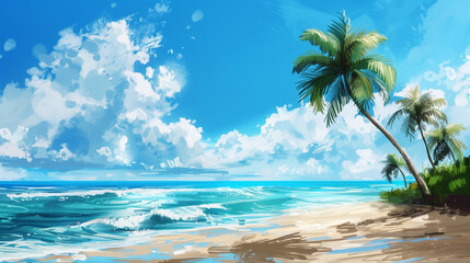 Painting of beautiful ocean sandy beach with palm trees and waves, blue sky and white clouds. Paradise summer travel location