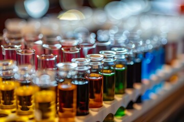 Vibrant array of chemicalfilled test tubes in a laboratory setting, with a shallow depth of field