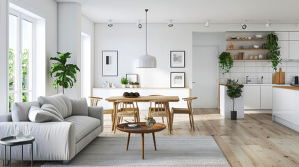 Naklejka premium Living room interior in Scandinavian style in light colors and wooden inserts. Design of a living room with a large sofa and panoramic windows. Interior and fashion concept.