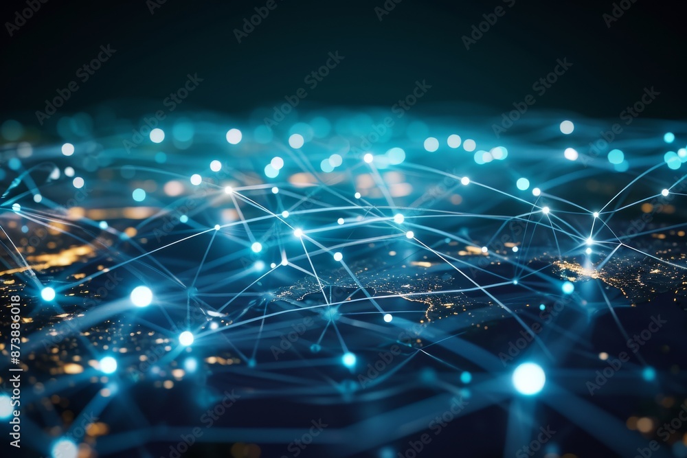 Poster futuristic computer network connects global communication waves, ai generated