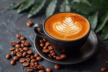 Black cup with hot fresh cappuccino coffee with art on top on black table with coffee beans.Macro.AI Generative.