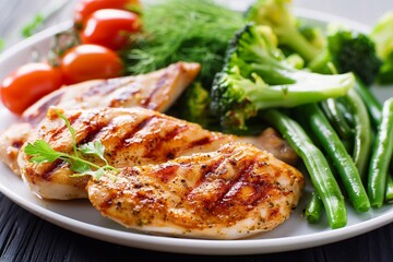 Healthy diet lunch with grilled chicken breast fillet and tomatoes with broccoli on restaurant table.Macro.AI Generative.