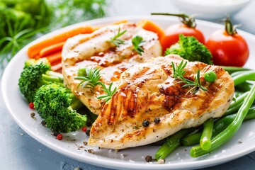 Healthy diet lunch with grilled chicken breast fillet and tomatoes with broccoli on restaurant table.Macro.AI Generative.