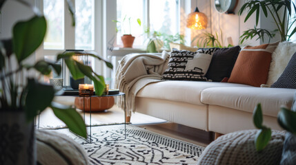 Cozy living room interior in light colors. A Scandinavian-style living room with soft lighting and a large soft sofa. The concept of comfort, design and relaxation.