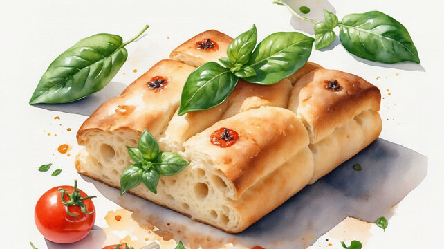 Focaccia bread. Watercolor illustration of Italian flat bread - homemade focaccia with tomatoes and basil