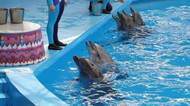 Close-up of trainers working with dolphins in the pool at the dolphinarium. Performance of dolphins in the dolphinarium.