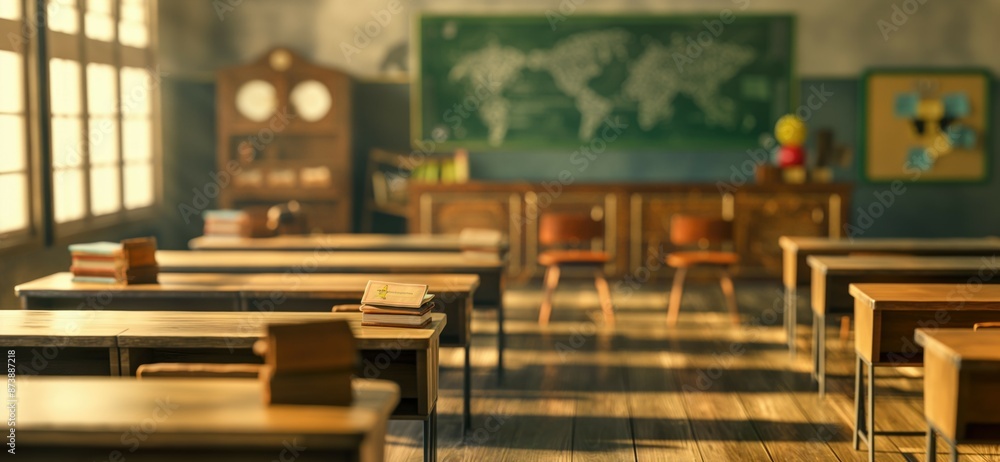 Poster sunlit classroom with empty desks and chalkboard ready for back to school