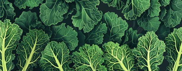 Illustration green background of kales pattern, healthy vegetable.